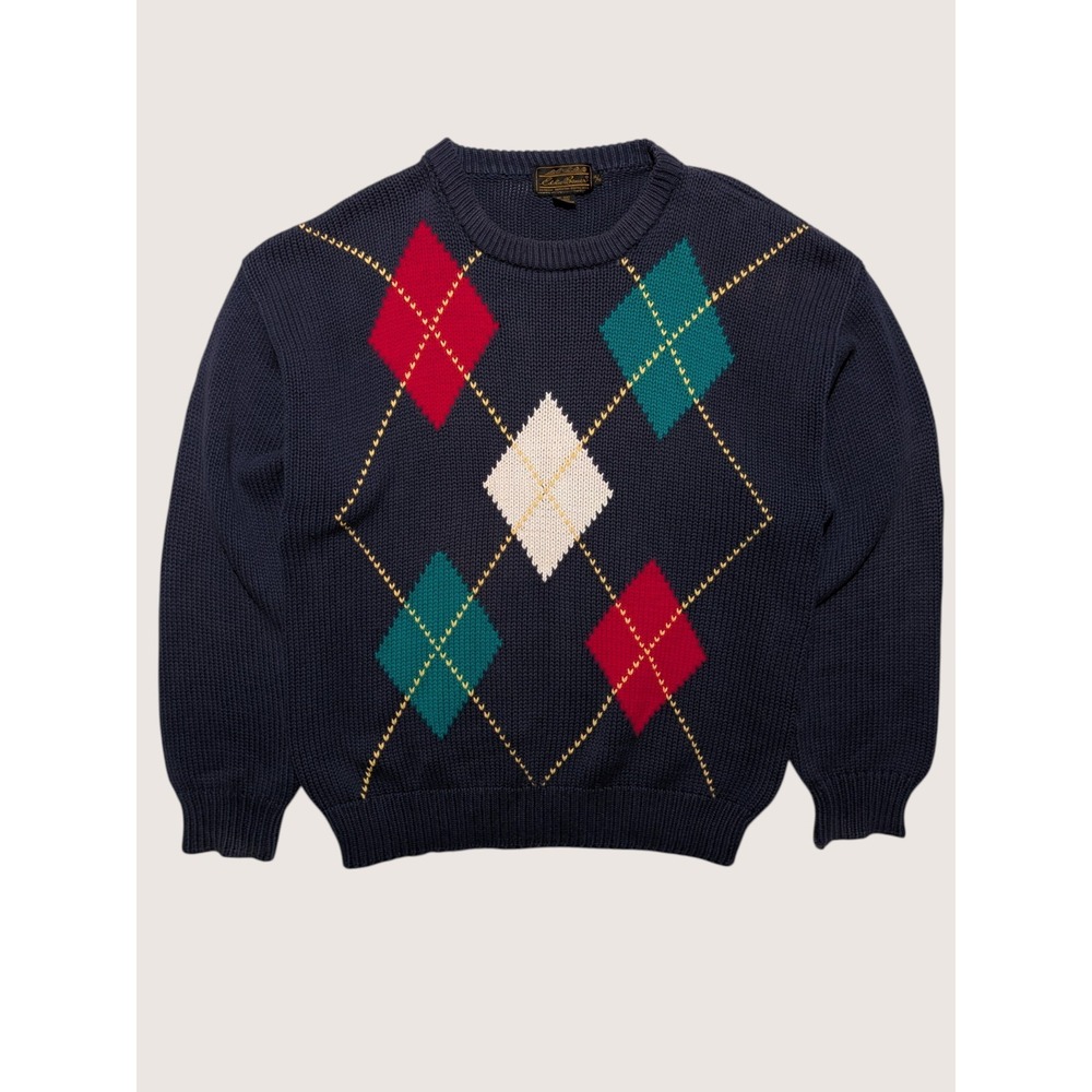Vintage Eddie Bauer Argyle Sweater Mens XL Cotton Knit Crewneck 90s Ivy Preppy